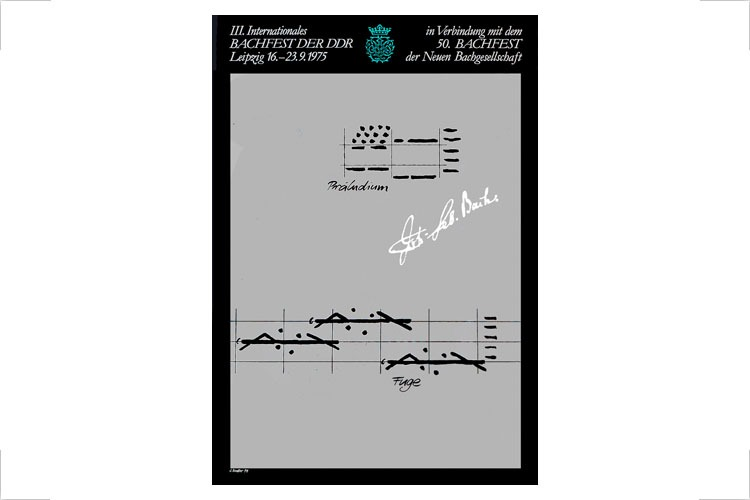 Beitrag zum Plakatwettbewerb III. Internationales Bachfest Leipzig, veröffentlicht in einer Plakatmappe zum III: Internationalen Bachfest 1975. Offset A3, 1975